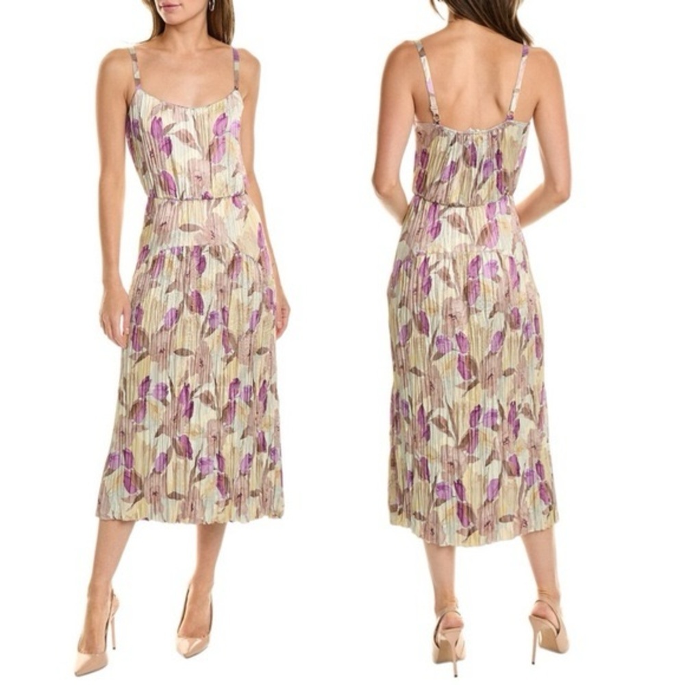 VINCE Nouveau Magnolia Crushed Satin Cami Midi Dress M Pleated Floral Print - Picture 2 of 7